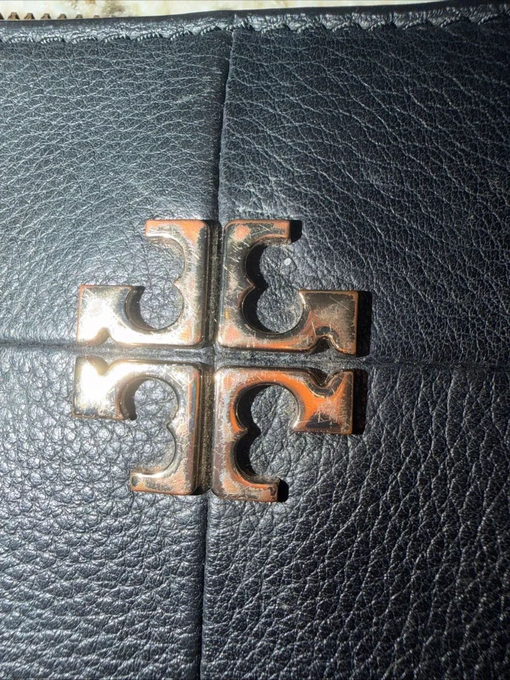 Tory Burch Black Pebbled Leather Logo Crossbody with Gold Hardware